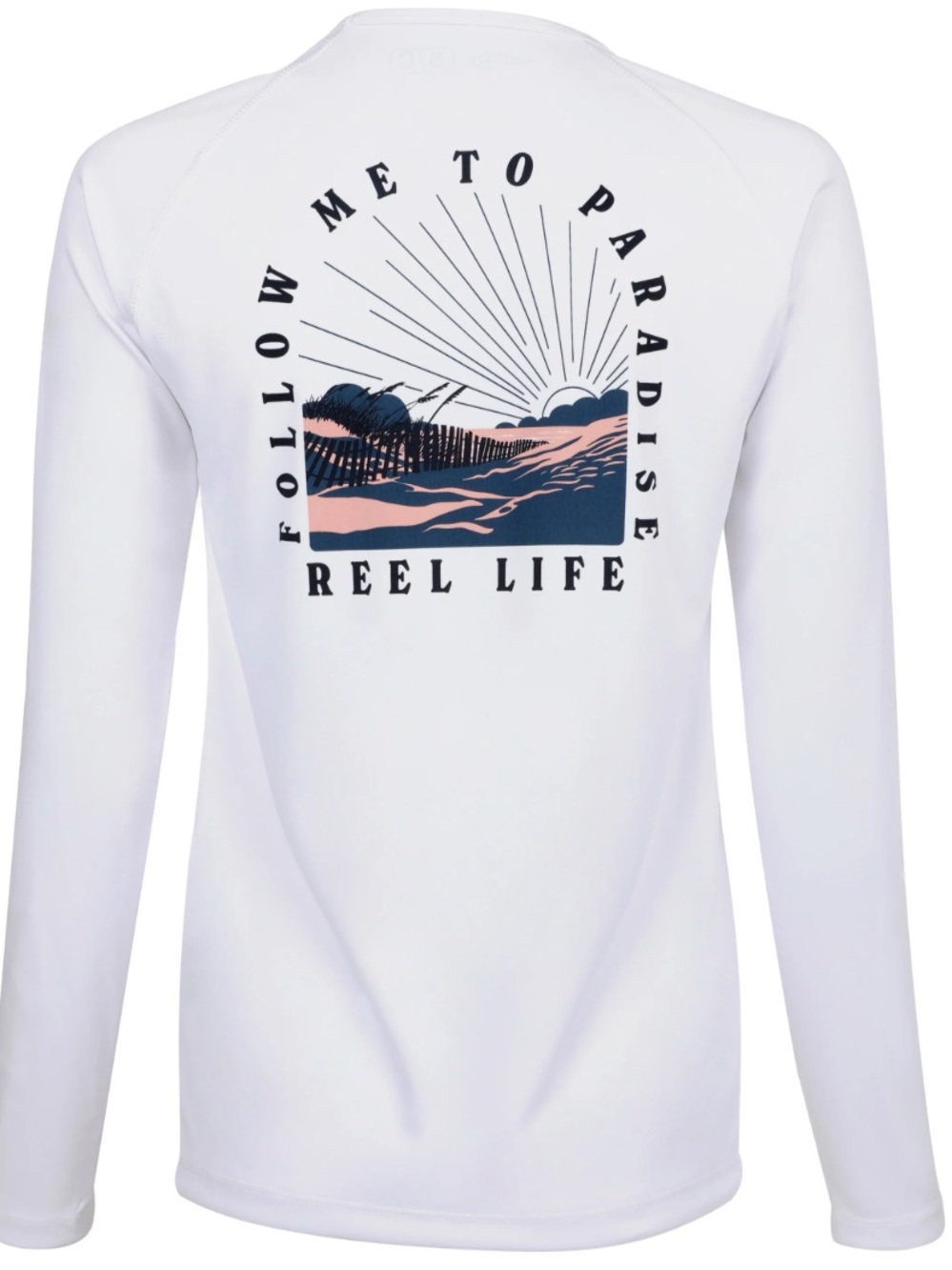Reel Life White Long-Sleeve Sun Shirt with Beach Graphic